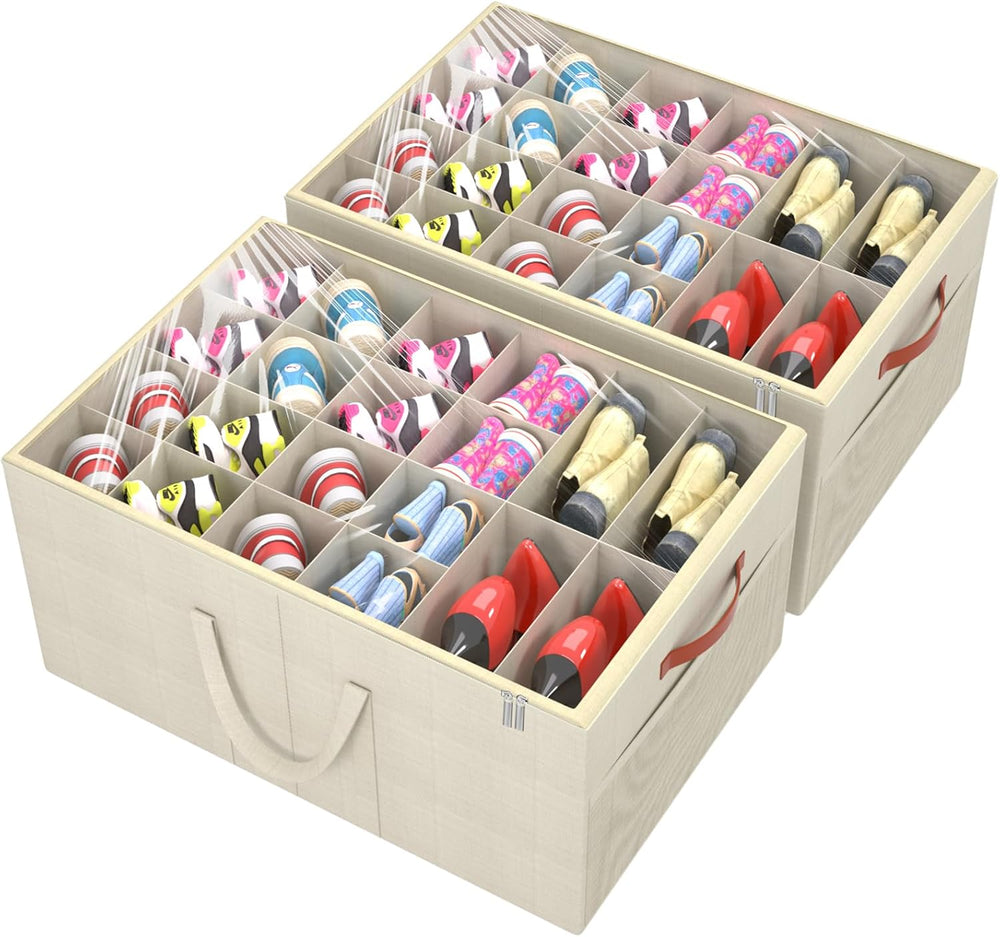 Aokeyee 2 Pack Shoe Organizer for Closet, Large Shoe Storage Box, Beige