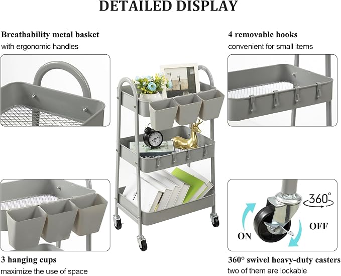 danpinera 3-Tier Rolling Cart, Metal Rolling Storage Cart - Image 2