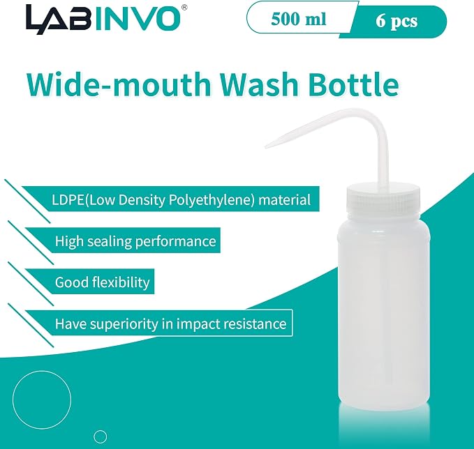 6pcs of Economy Wash Bottles, Wide-Mouth, Self-Venting Safety Wash Bottles - Image 2