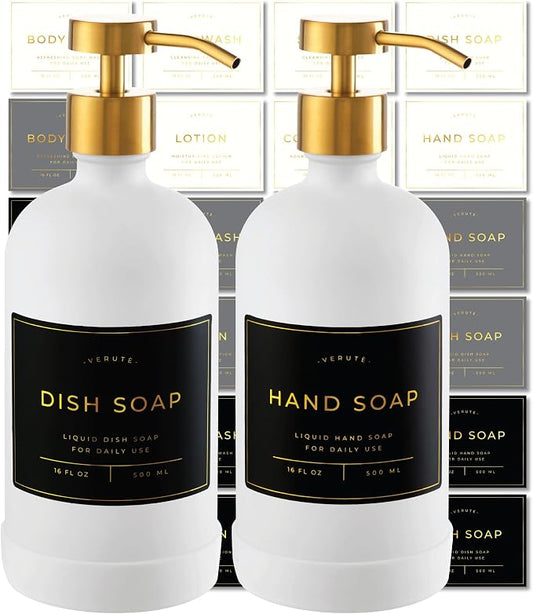 16oz Glass Soap Dispenser with Stainless Steel Pump, 21 Waterproof Labels by Verute