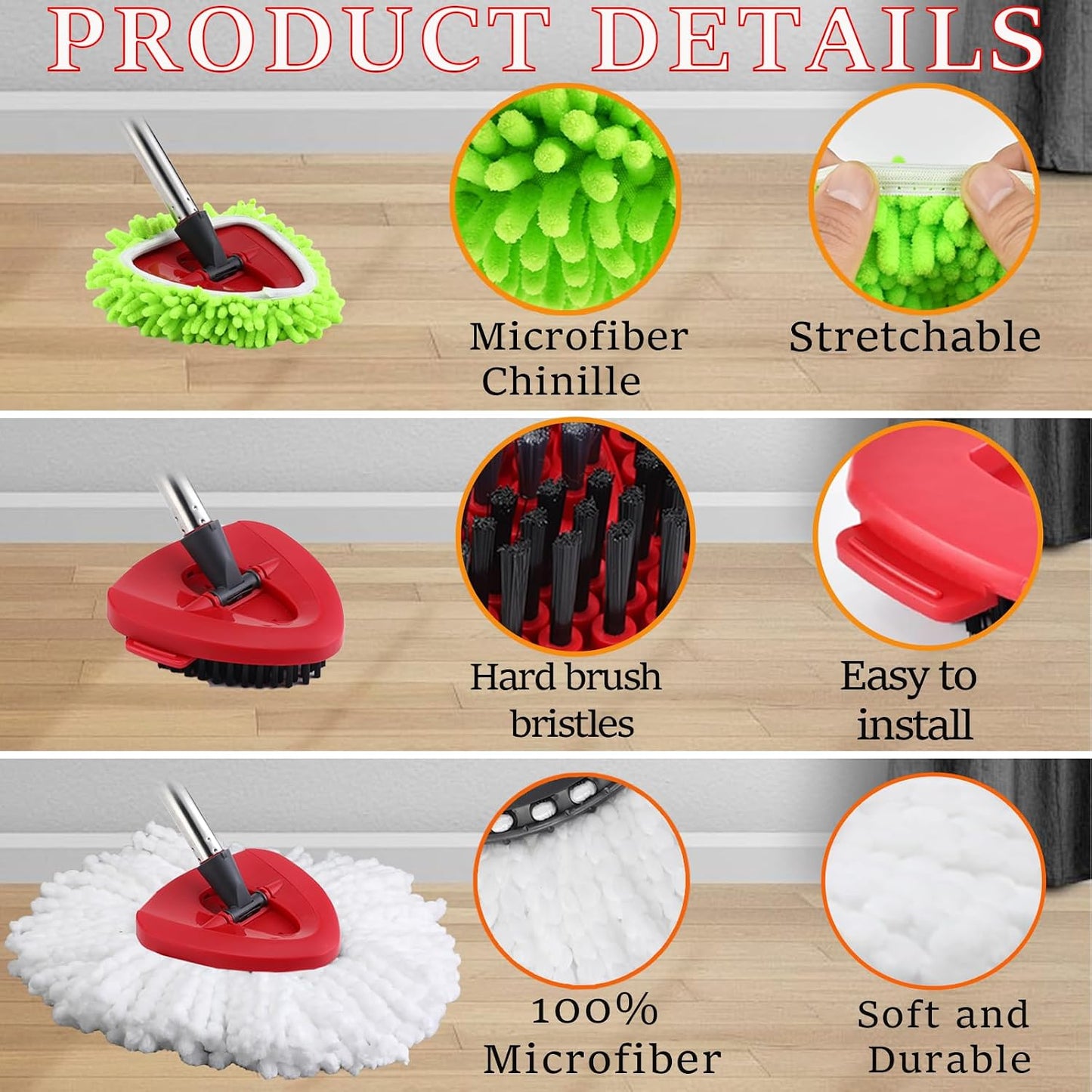Spin Mop Heads Replacement for Ocedar, Upgrade Scrub Brush Replace Heads for o Cedar Easywring 1 Tank, Include 3 Pack Spin Mop Refills, 1 Pack Scrubber Mop Head and 1 Mop Base