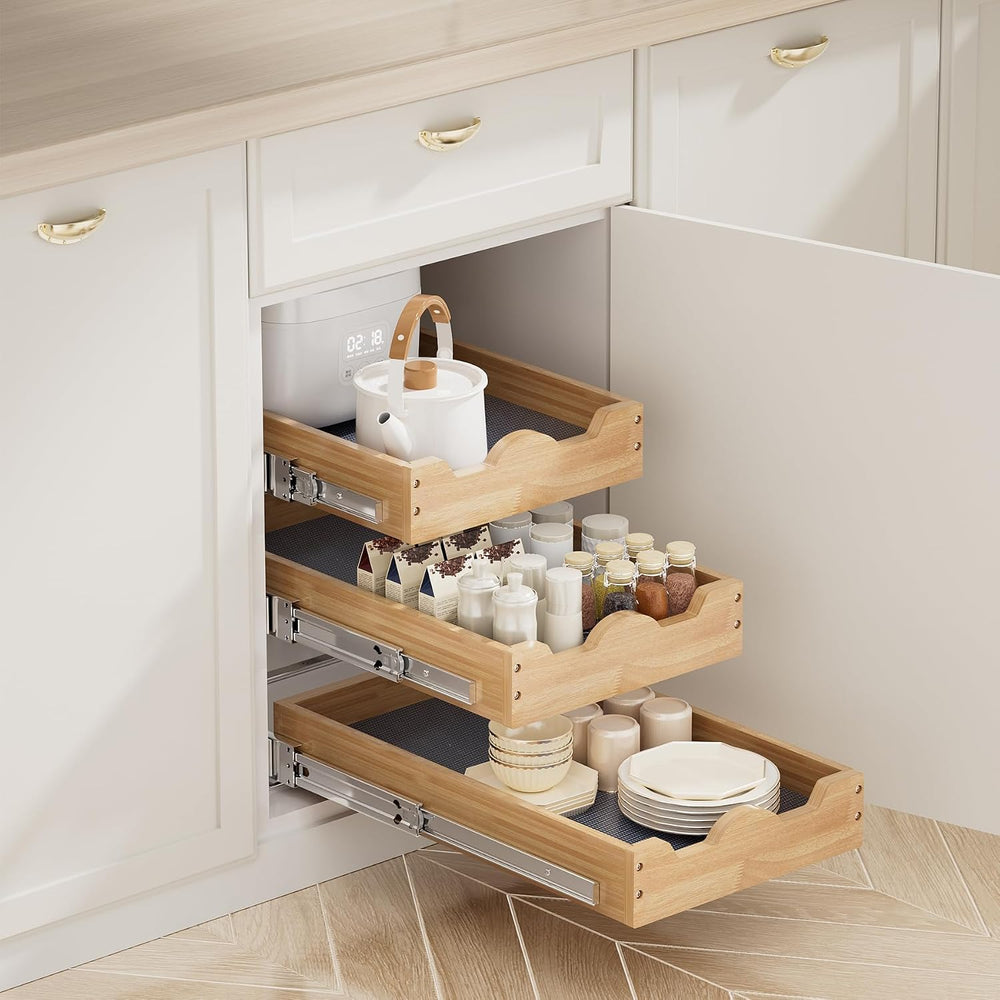 DINDON 3 Tier Pull Out Cabinet Organizer 11” W X21” D Slide Out Wood Drawer W...