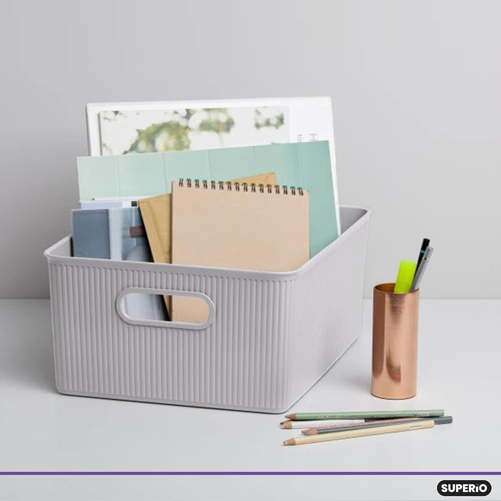 Superio Ribbed Collection - Decorative Plastic Basket Lidded Home Storage Bin...