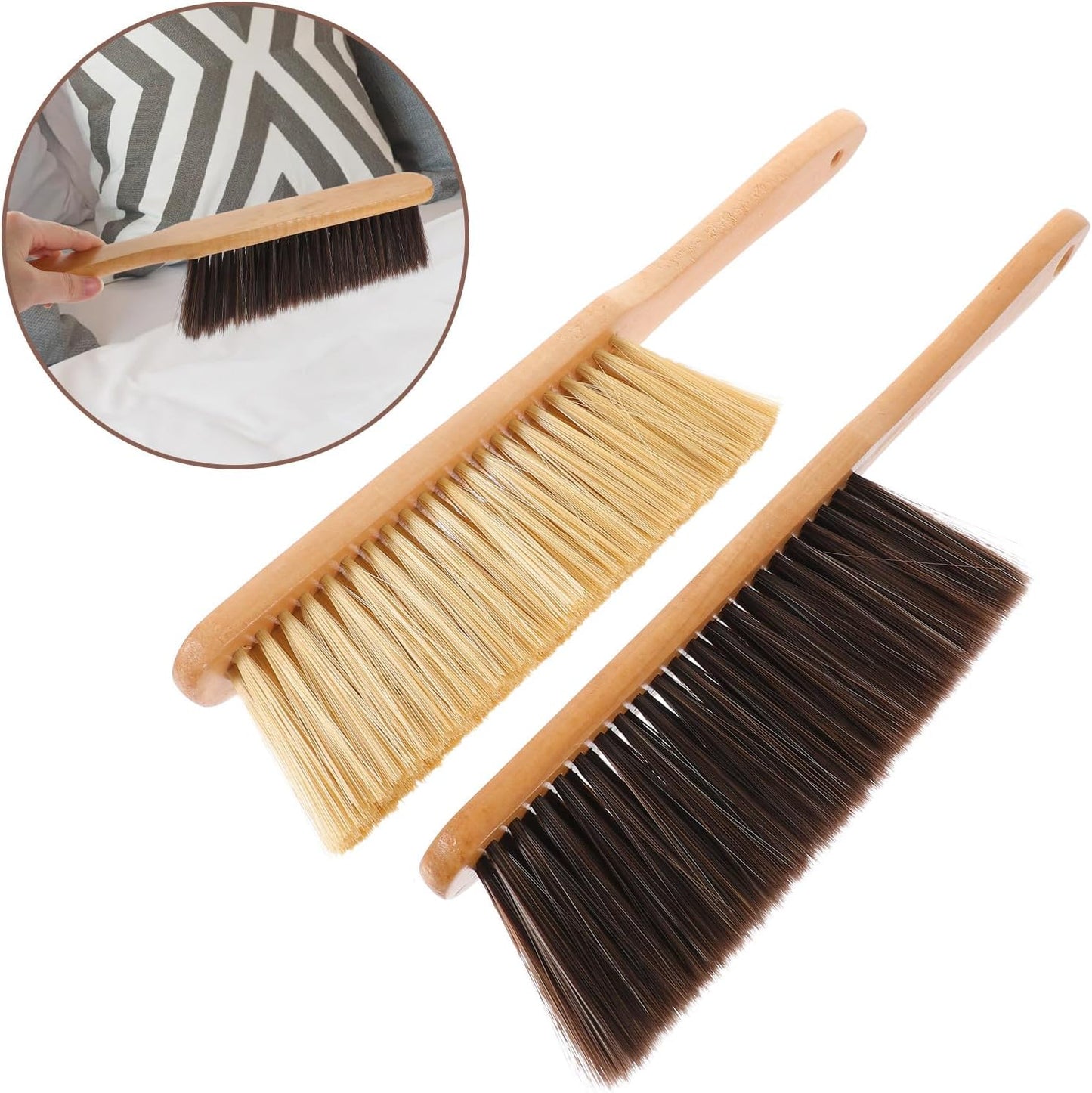 2pcs Wood Handle Dusting Brush Set with Soft and Stiff Bristles, Hand Whisk Broom for Bed, Upholstery, and Household Cleaning, Multipurpose Dust Remover for Home Use
