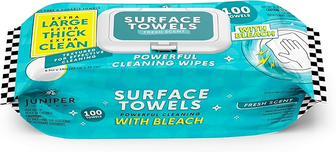 Single Surface Wipes with Bleach, Thick & Large Dispose, All-Purpose Cleaner by JuniperCLEAN