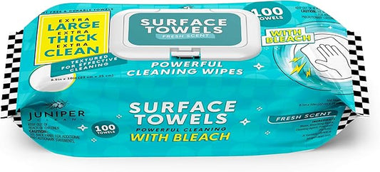 Single Surface Wipes with Bleach, Thick & Large Dispose, All-Purpose Cleaner by JuniperCLEAN