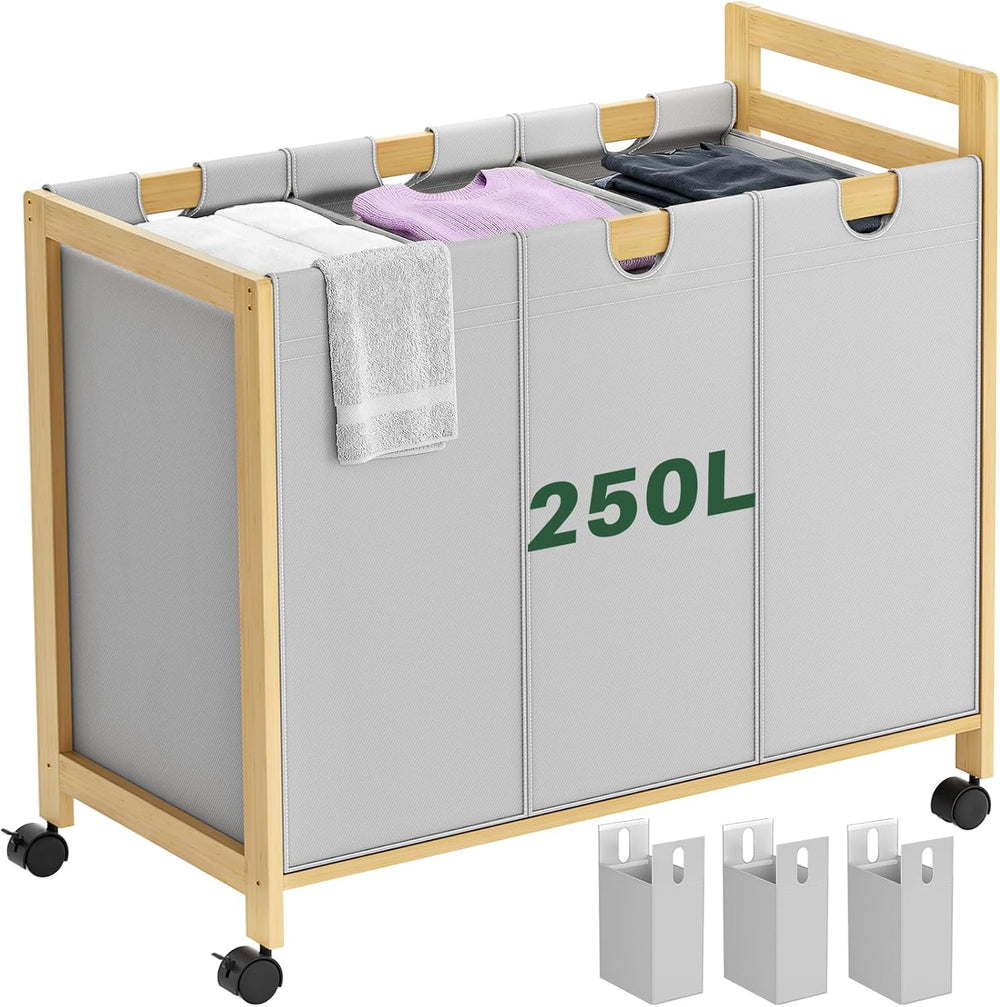 Homykic 250L Laundry Sorter with Wheels, 3-Section Laundry Hamper, Grey