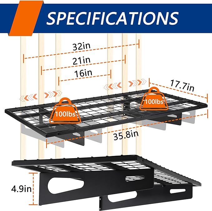 2-Pack 1.5x3FT Garage Shelving 17.7-inch-by-35.8-inch Wall Shelf Garage Storage - Image 2