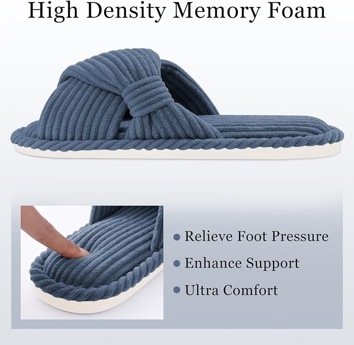 Evshine Summer House Slippers for Women Corduroy Cross Bow Indoor Slippers Open - Image 4