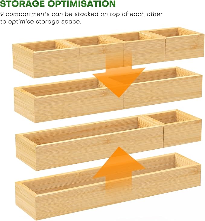Bamboo Drawer Organizer Set, Junk Drawer Divider and Storage Trays Containers - Image 2
