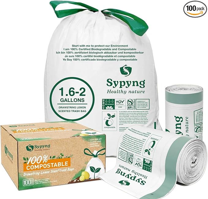 Compostable Kitchen Waste Trash Bags 1.6-2 Gallon Heavy Duty 100% Biodegradable by Sypyng