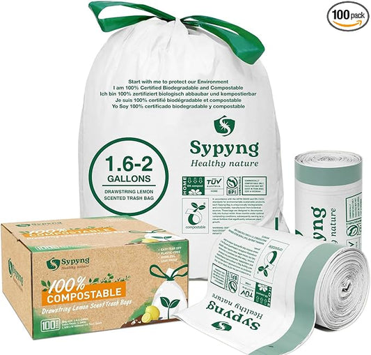 Compostable Kitchen Waste Trash Bags 1.6-2 Gallon Heavy Duty 100% Biodegradable by Sypyng