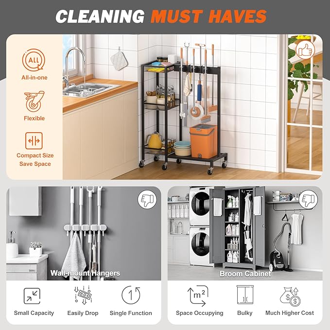 Broom Holder with Cleaning Supplies Organizer, Broom Closet Storage Cabinet - Image 5