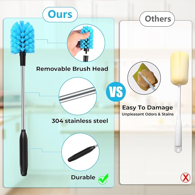 2-in-1 Stainless Steel Long Handled Water Bottle Brush, Soft Bottle Brush - Image 3