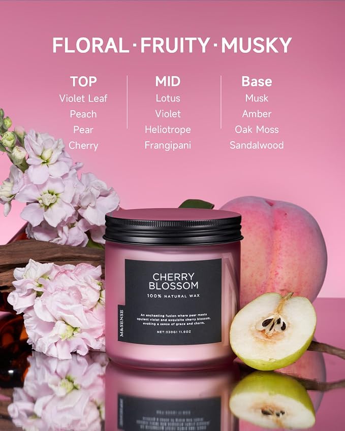 M&SENSE Cherry Blossom Scented Spring Candle, 70 Hours Long Lasting Soy Wax - Image 2