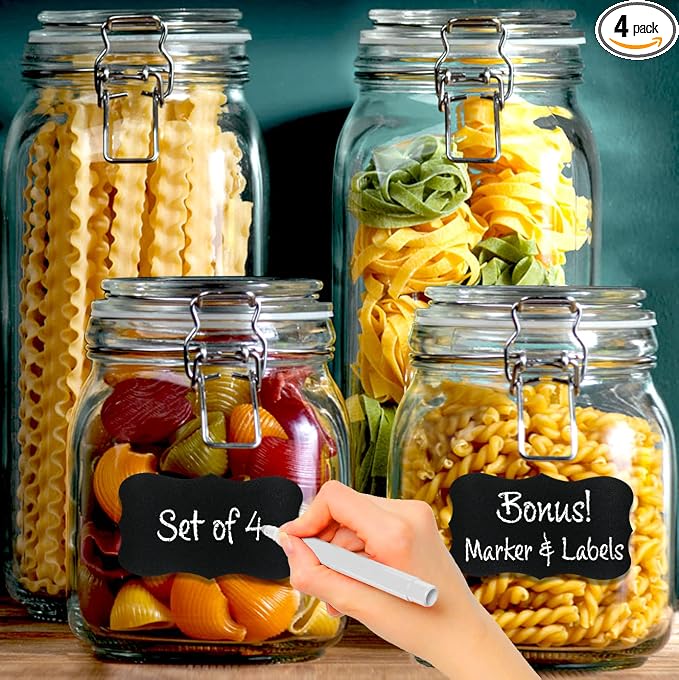 4 Glass Food Storage Jars with Airtight Lids + Chalkboard & Marker, Kitchen by LERAZE