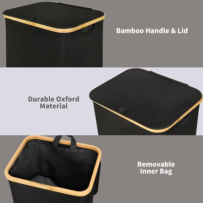 100L Laundry Basket with Lid and Net Bag, Tall Laundry Hamper with Bamboo - Image 5