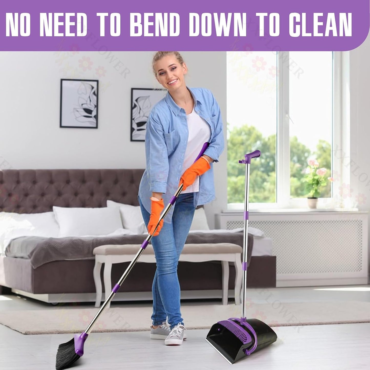 Broom and Dustpan Set with Long Handle, Light Weight Stainless Steel Poles Stand Upright Dustpans with Broom Combo for Home Kitchen Office Pet Dog Hair, 1-Pack (Purple)