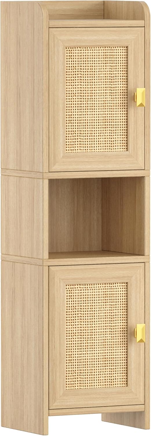 Akxomel 9.8''W Rattan Small Bathroom Storage Cabinet 2 Doors Oak