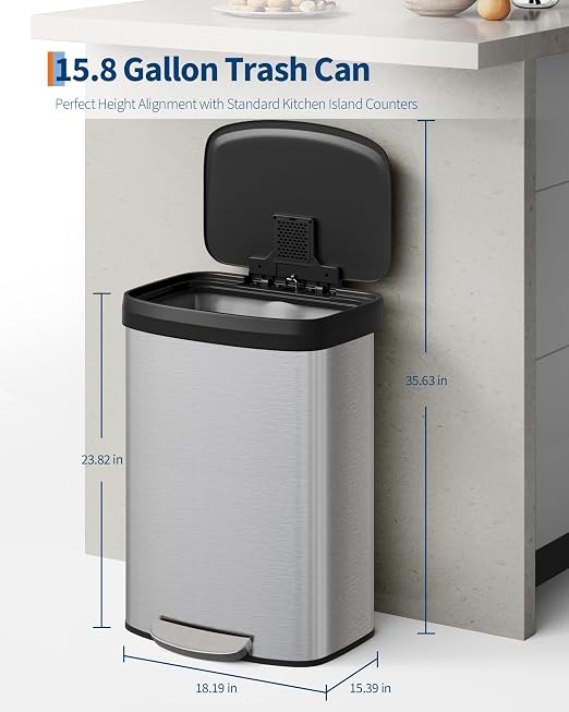 16 Gallon Trash Can, Stainless Steel Kitchen Garbage Can, Recycling or Waste Bin - Image 2