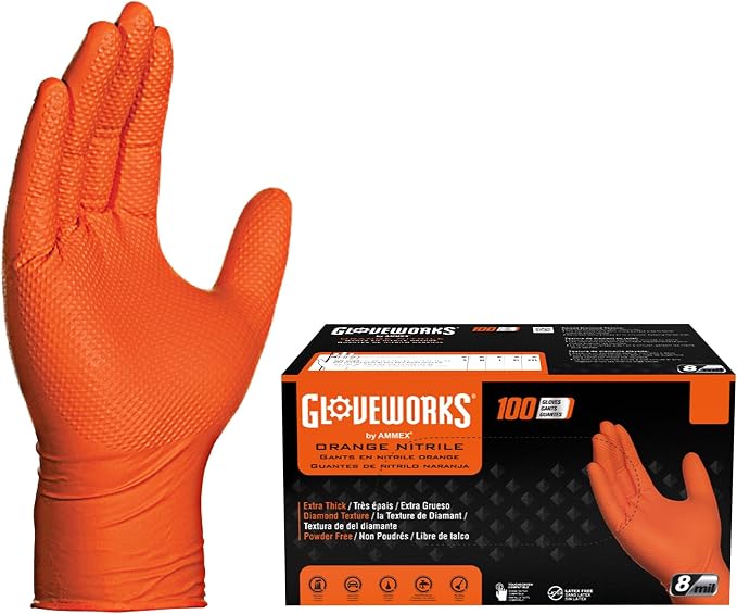 GLOVEWORKS Heavy-Duty Nitrile Gloves, Disposable, Latex Free, 8 Mil, Diamond by GLOVEWORKS
