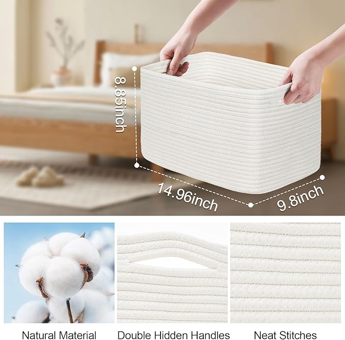 3-Pack Shelf Baskets for Organizing, Woven Storage Basket for Shelves, Cotton - Image 8