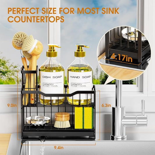 2-Tier Kitchen Sink Caddy with High Brush Holder&Self-Draining Tray, - Image 2