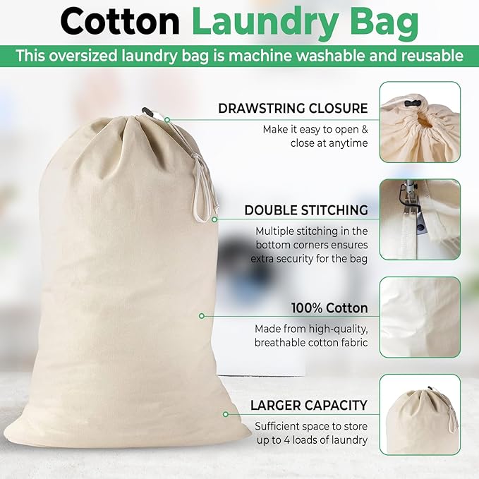 4 Pack - Extra Large Cotton Laundry Bag, Heavy Duty Large Laundry Bags 24 x 36 - Image 4