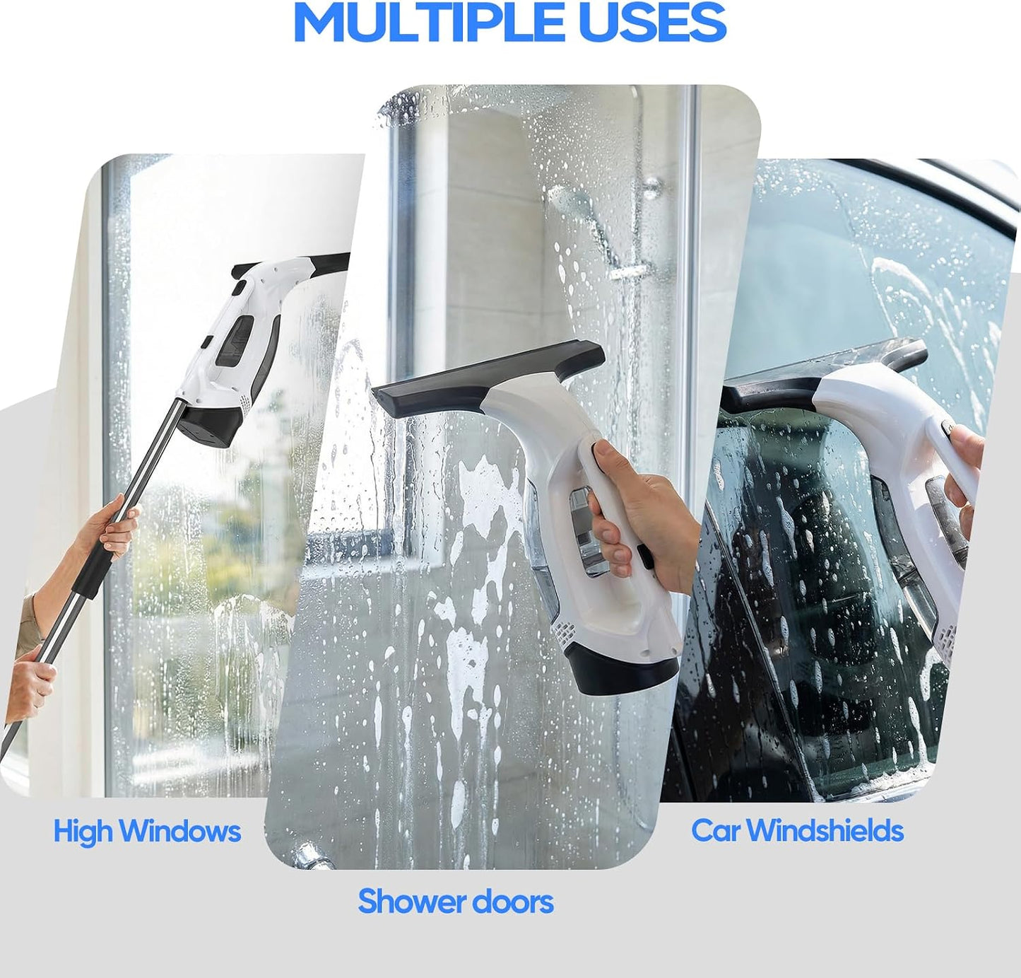 Cordless Window Vacuum Cleaner, Electric Squeegee with 2000Pa Suction, 30-40 in. Adjustable Extension Pole, 11 in. Blade for High Windows, Shower Doors, Mirrors, Tiles & Car Glass