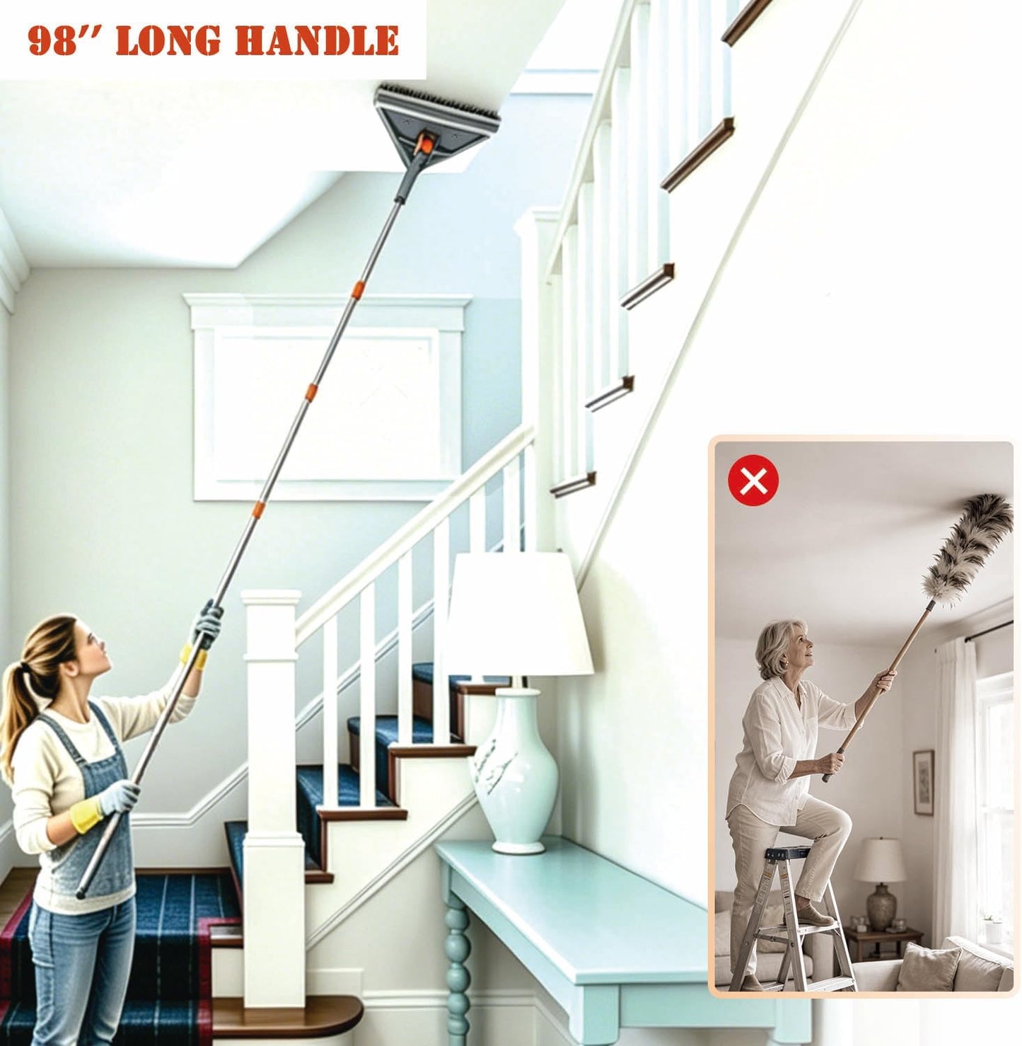 Upgraded Wall Cleaner Mop & Baseboard Cleaning Tool with 98" Long Handle, Duster Mop for Painted Wall, Ceilings, Windows, Floor, 2-in-1 Triangle & Rectangle Head with Squeegee, 10 Washable Pads