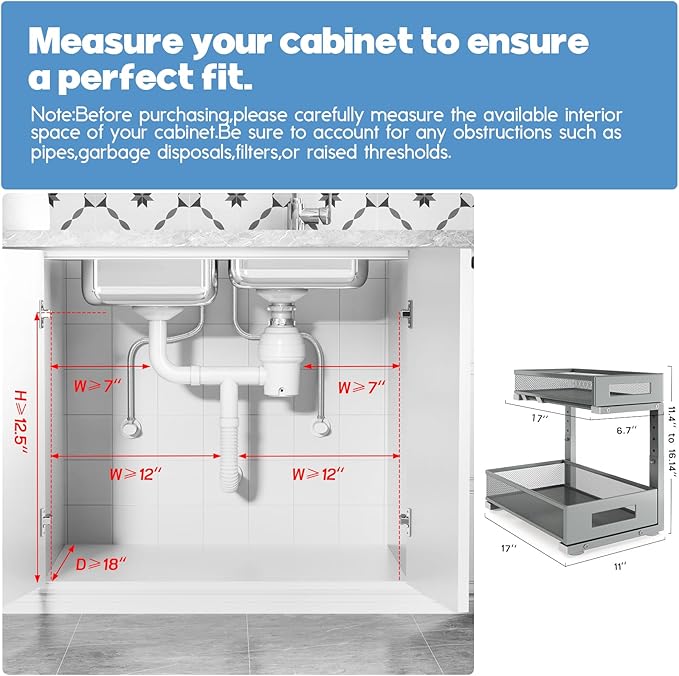 1 Pack 17IN Depth Under Sink Storage Organizer, Large 2-Tier Elegant Mesh Pull - Image 2