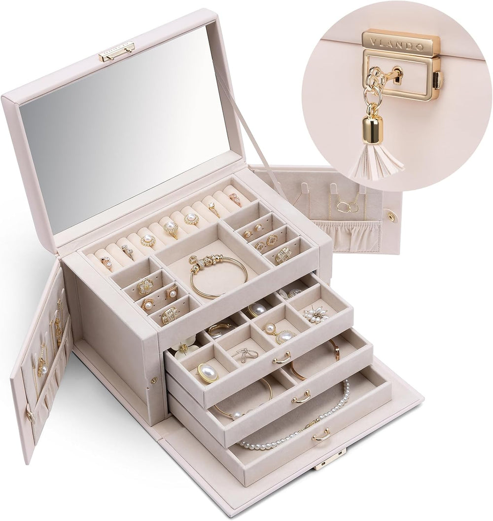 VLANDO Lockable Mirrored Jewelry Box Organizer, Beige