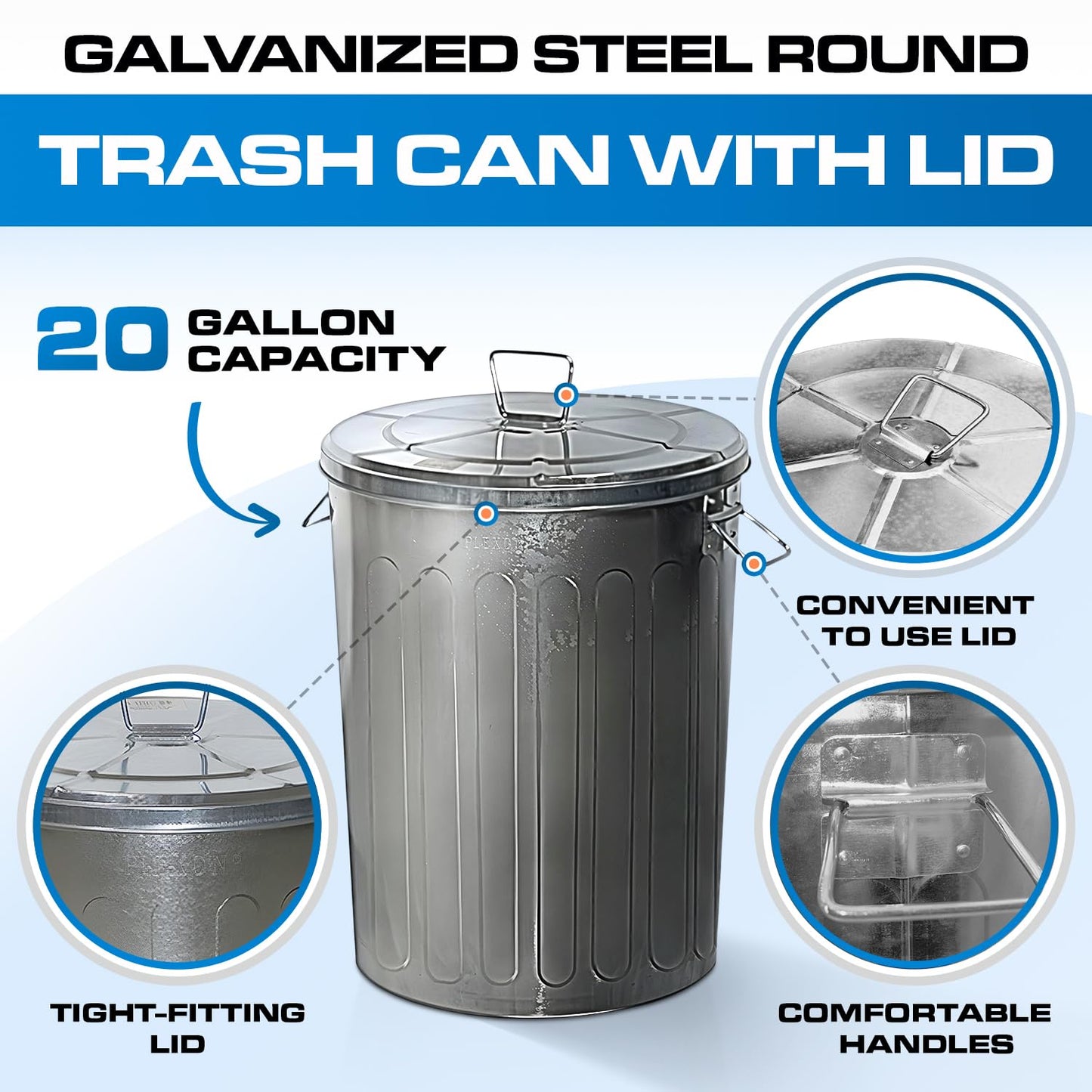 Plexon 20 Gallon Metal Trash Can with Lid Outdoor Large Trash Bin Galvanized Steel Garbage Can for Farm Garage Patio Ash Bucket Bird Seed Storage Can Heavy Duty Round Container, 2 Pack