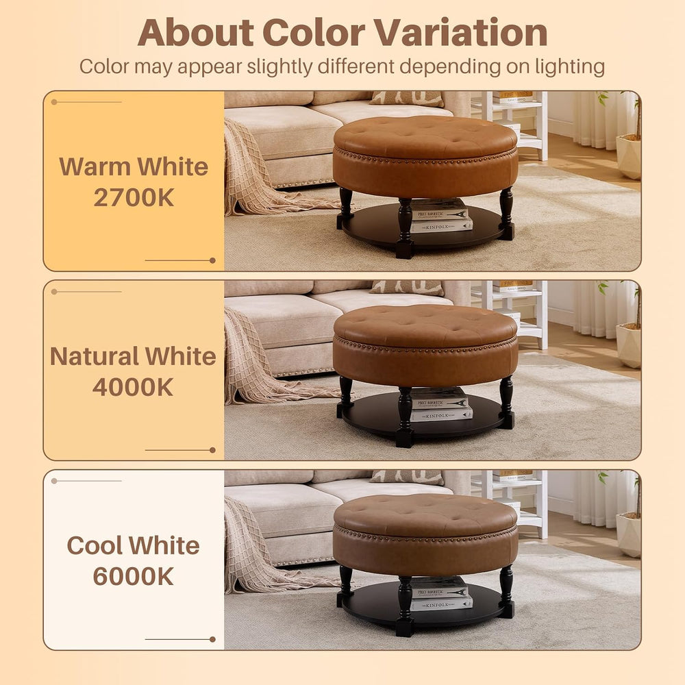 31.5 Inch Round Storage Ottoman Coffee Table with Shelf, PU Brown