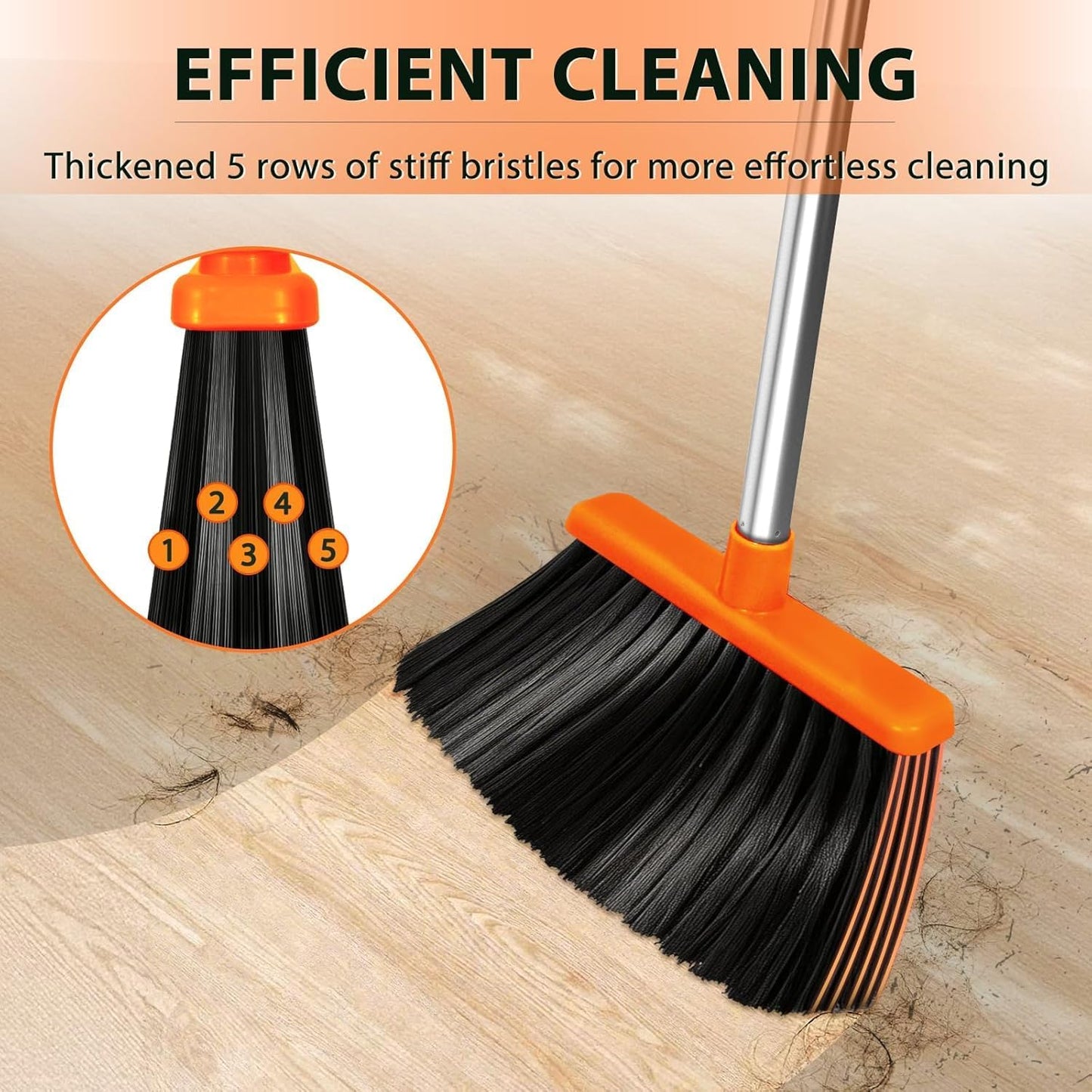 YZO Broom with Dustpan Combo Set, 56.1-Inch Long Handle Standing Design, Dustpan Front Rubber Tight Seal, Broom with 5-Layer Bristles, Suitable for Indoor Outdoor(Gray&Orange)