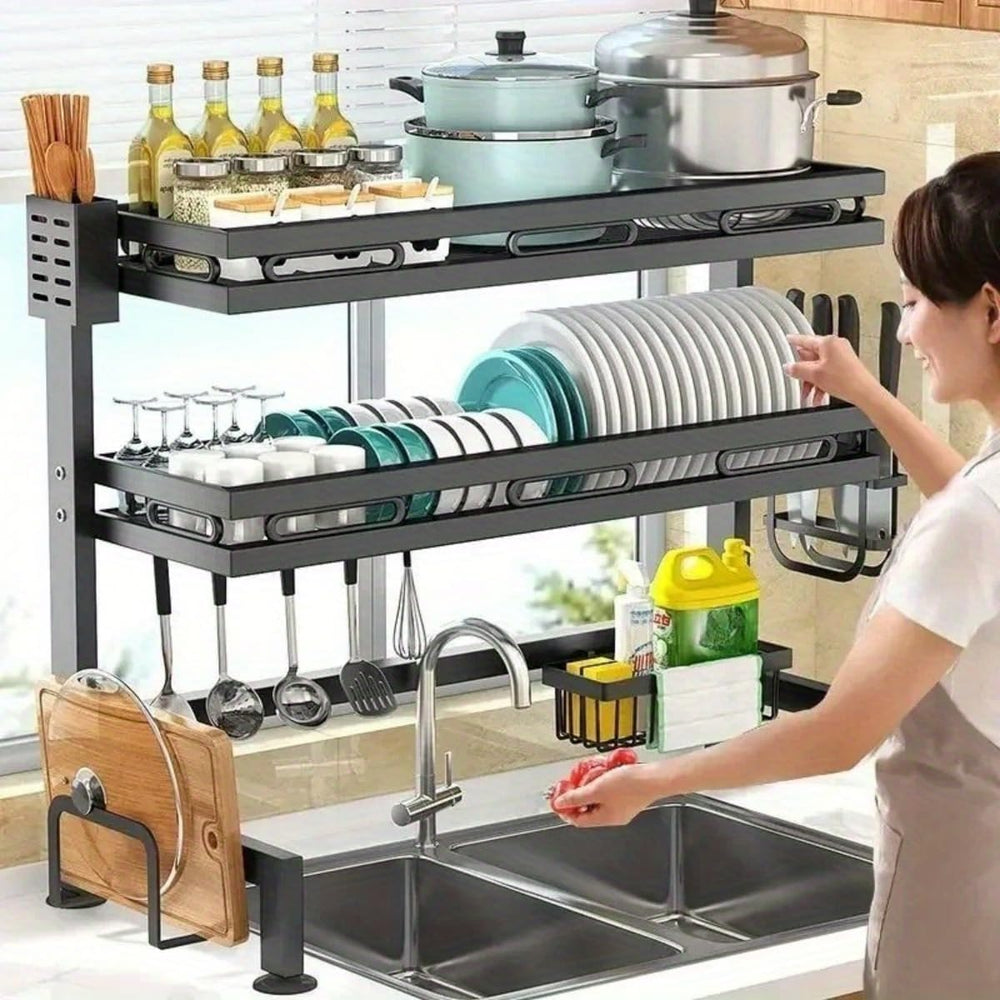 3-Tier Over Sink Dish Draining Rack Adjustable Width and Height with Phone Ho...