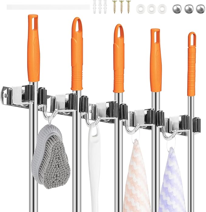 2Pcs 5 Racks 4 Hooks Stainless Steel Broom Mop Holder Anti Slip Wall Mount - Image 8
