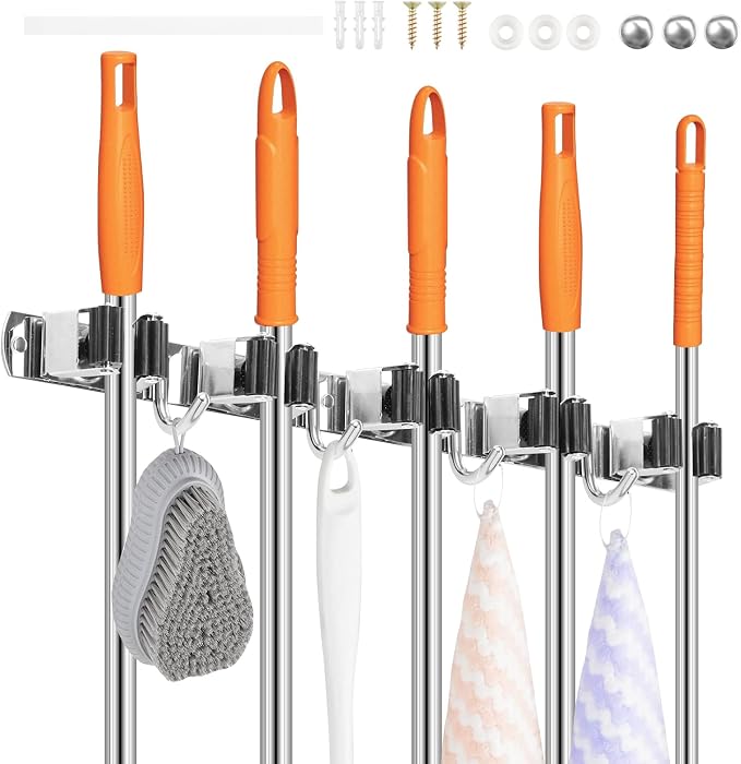 3Pcs 5 Racks 4 Hooks Stainless Steel Broom Mop Holder Anti Slip Wall Mount - Image 8