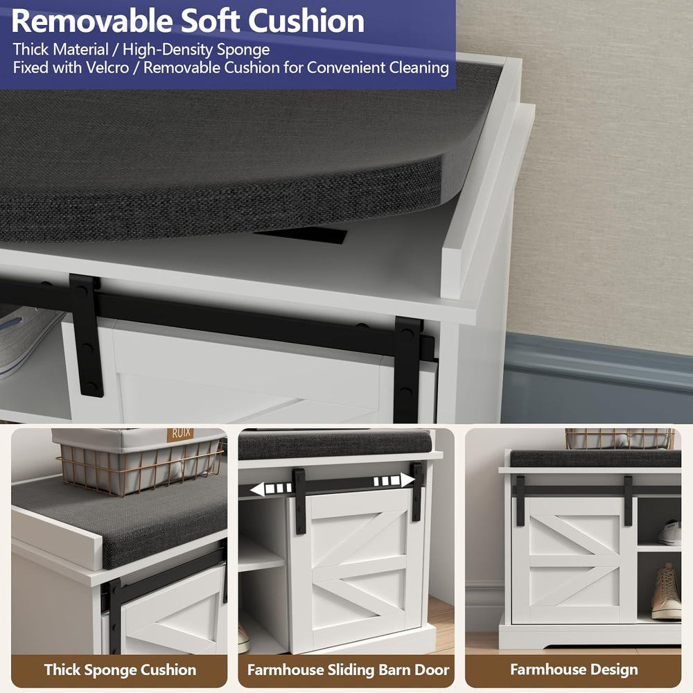 Loomie 39" Wide White Shoe Storage Bench with Removable Seat Cushion