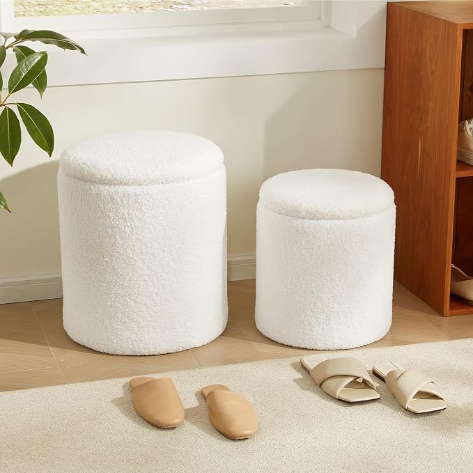 Boucle Round Ottoman with Storage Set of 2, Small Foot Stool Ottoman - Image 9
