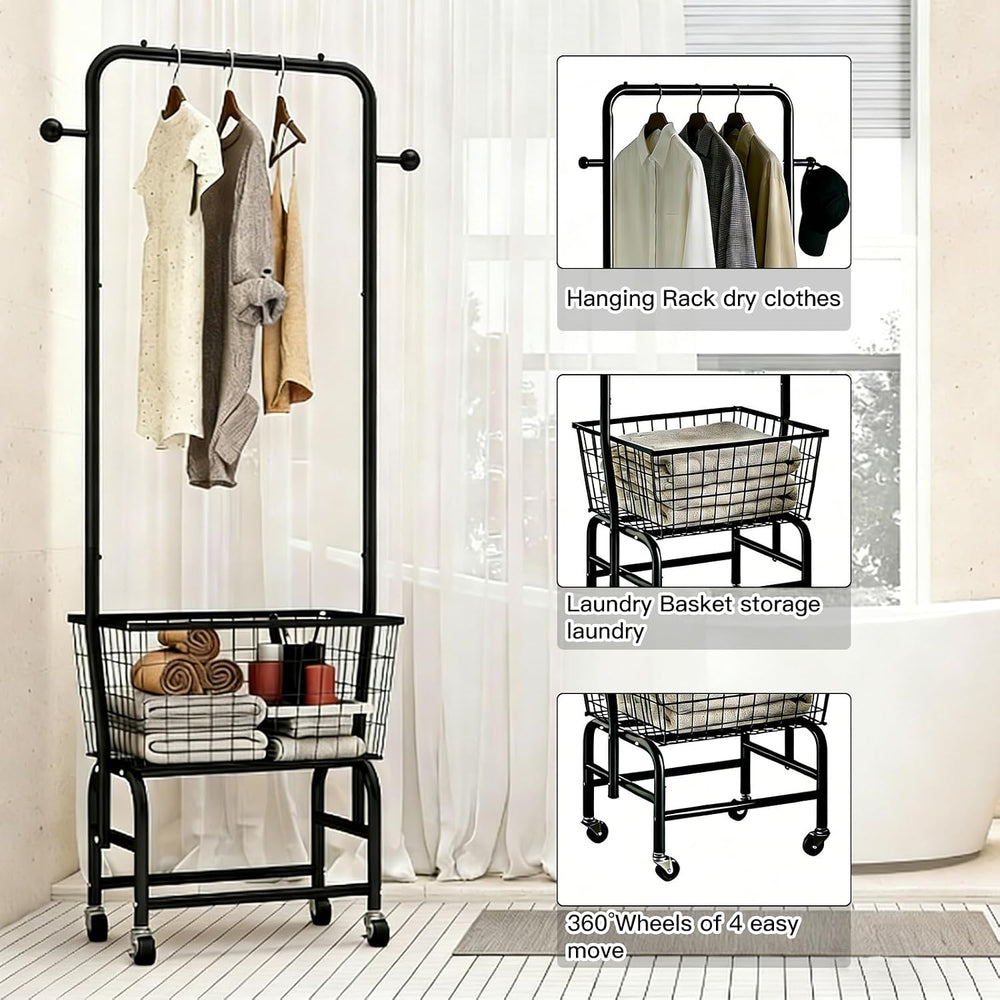 Rolling Laundry Cart with Hanging Rack Metal Laundry Basket with Wheels Laund...