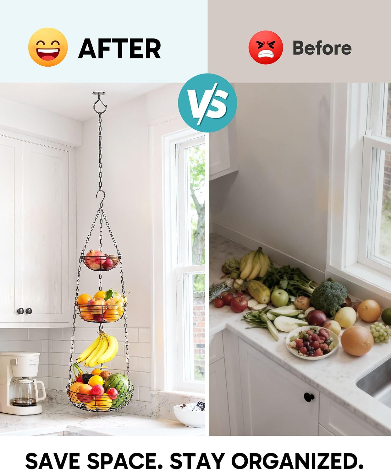 Hanging Fruit Basket for Kitchen, 3-Tier Hanging Fruit Basket | Easy Installation, Ceiling Hook Included, Adjustable Chain, Removable Baskets, Banana Hook, Produce & Vegetable Organizer