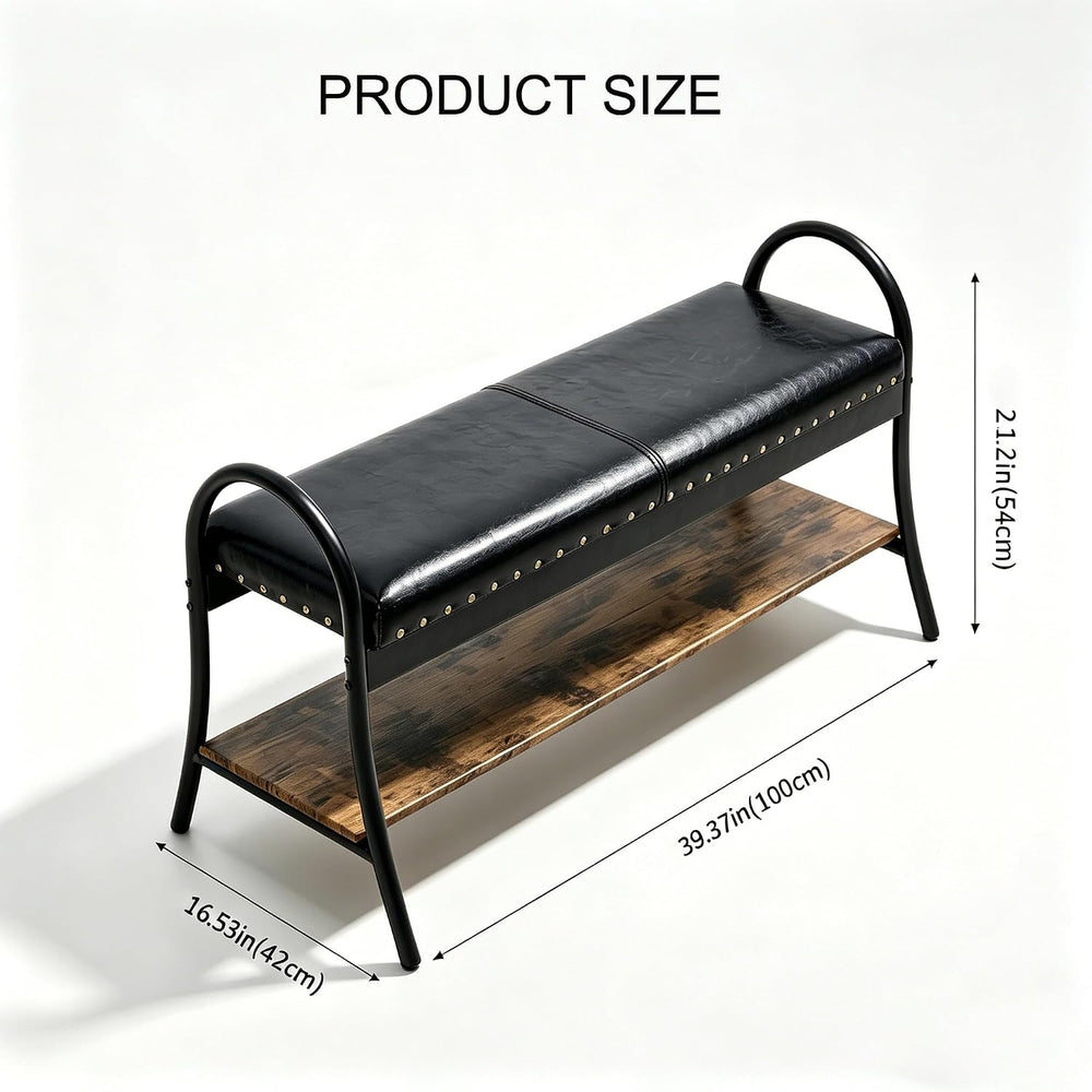 Forteek 39.4" Shoe Bench with Shelf, Industrial Faux Leather Entryway Bench
