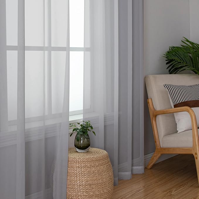 Chyhomenyc Sheer Light Grey Curtains 90 inches Long 2 Panels, Light Filtering - Image 2