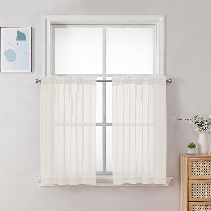Chyhomenyc Ivory Sheer Curtains 30 inch Length 2 Panels, Light Filtering Voile by Chyhomenyc