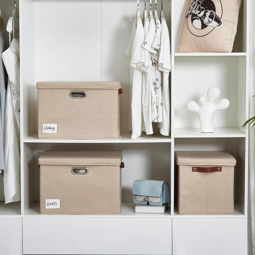17" Large Fabric Storage Box with Lids, 3-Pack, Khaki