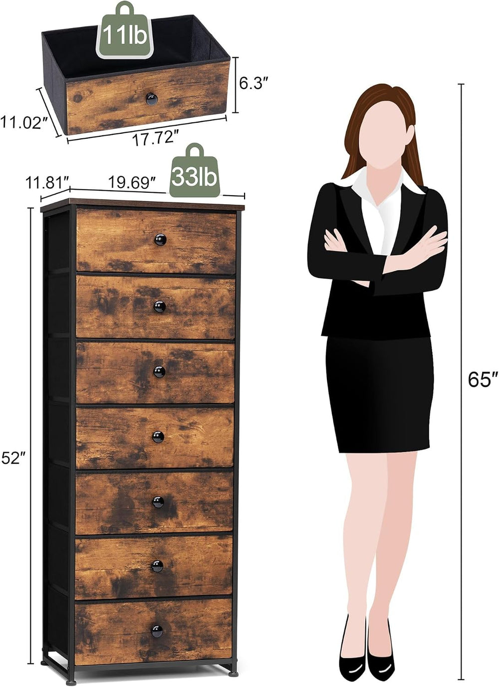 Fabric Dresser for Bedroom, 7-Drawer Tall Vertical Tower (Rustic Brown))