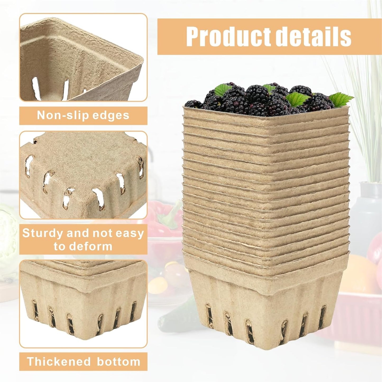45 Pcs Natural Pulp Fiber Berry Basket Small Vented Berry Picking Basket | Small Container Holder, for Fruits, Vegetable, Farmer Market, Grocery