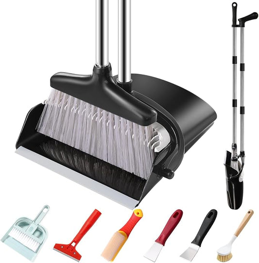 Broom and Dustpan Set with Long Handle and 6 Bonus Cleaning Tools, Upright by Meijubolstrivetomakeyourlifeeasier