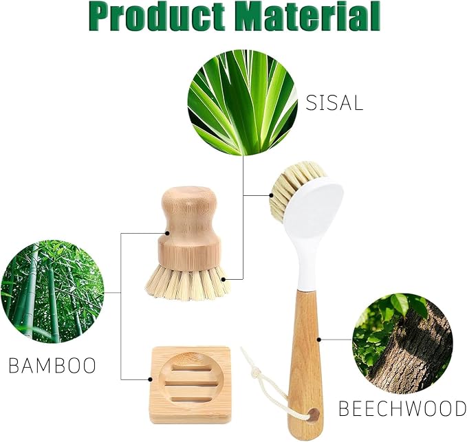 Bamboo Palm Dish Brush Set, Natural Bristle Dish Brush - Image 8